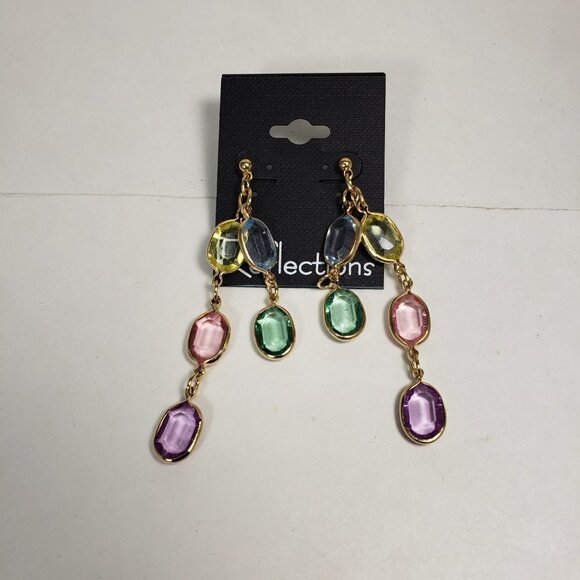 Gold tone Chain Drop Earrings Multicolor Crystal Dangles Stylish Women's Jewelry - Picture 6 of 8